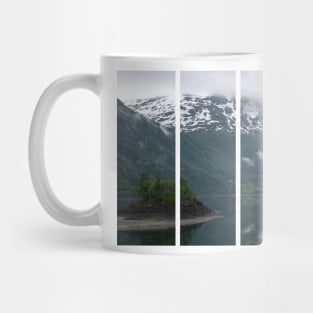 Wonderful landscapes in Norway. Vestland. Beautiful scenery of an island in the Roldalsvatnet lake. Snowed mountains and trees on rocks in background. Cloudy day Mug